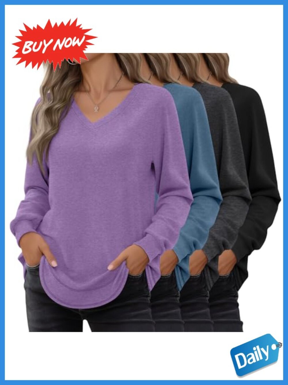 4 Pack Women's Long Sleeve Cotton Shirts V Neck Tops